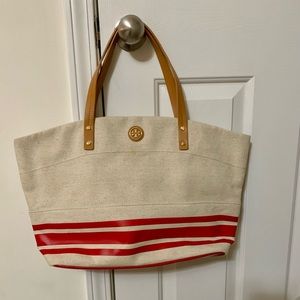 Tory Burch canvas tote bag with red bottom